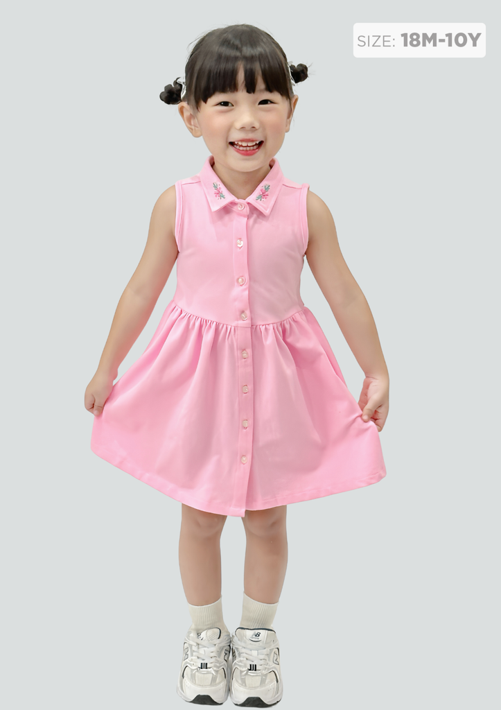 Đầm Polo Cộc Tay Bé Gái Hồng Cổ Thêu Hoa