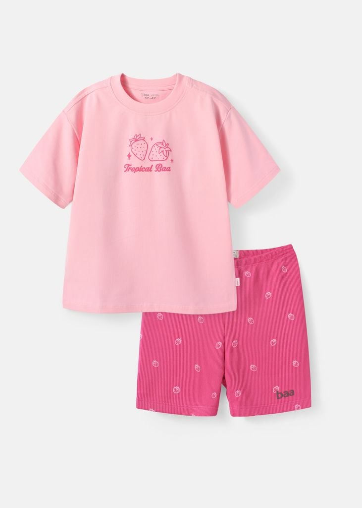 Set Thun Form Rộng Phối Quần Biker Bé Gái Hồng Strawberry