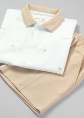 Set Polo Bé Trai Trắng Phối Be Hoạ Tiết Cây Dừa