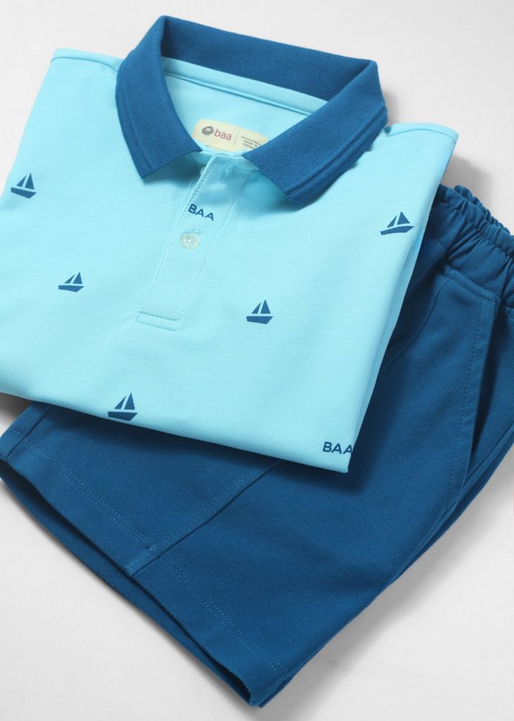 Set Polo Bé Trai Xanh Phối Hoạ Tiết Chiếc Thuyền