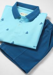 Set Polo Bé Trai Xanh Phối Hoạ Tiết Chiếc Thuyền