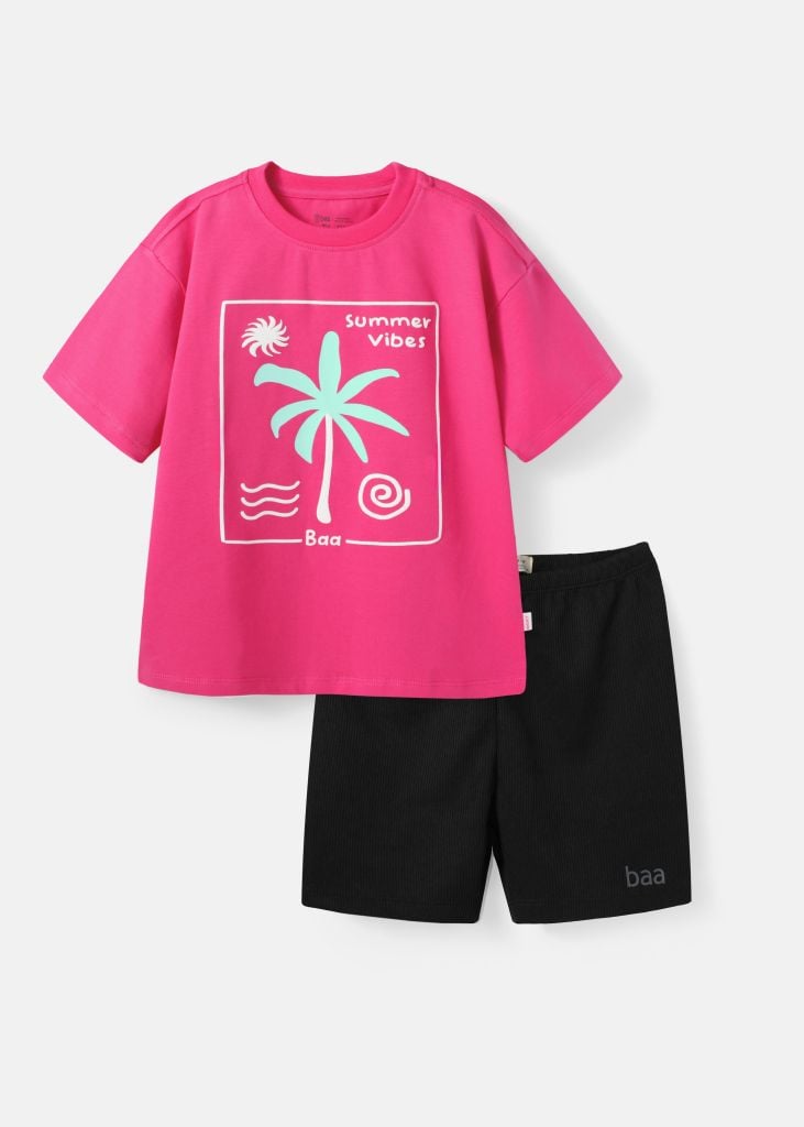 Set Thun Form Rộng Phối Quần Biker Bé Gái Hồng Summer