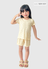 Đồ Bộ Ngắn Tay Thun Gân Bé Gái Trắng Kem Hoa Nhỏ