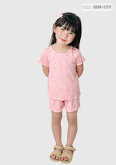 Đồ Bộ Ngắn Tay Thun Gân Bé Gái Hồng Hoa Nhỏ