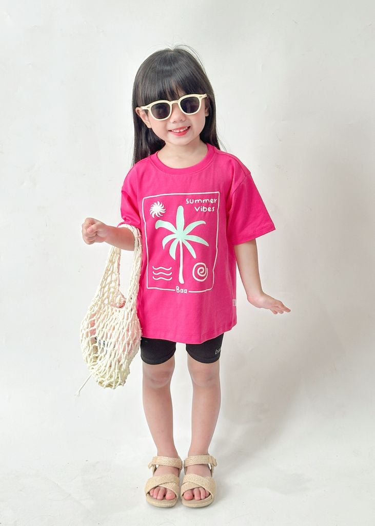 Set Thun Form Rộng Phối Quần Biker Bé Gái Hồng Summer