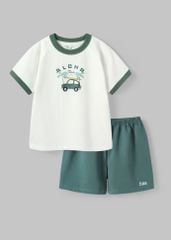 Đồ Bộ Ngắn Tay Bé Trai Trắng Summer Aloha Phối Xanh Rêu