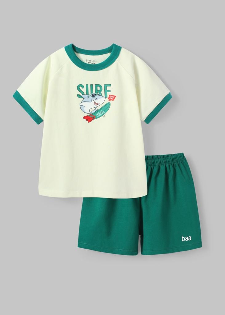 Đồ Bộ Ngắn Tay Bé Trai Kem Cá Mập Surfing Phối Xanh