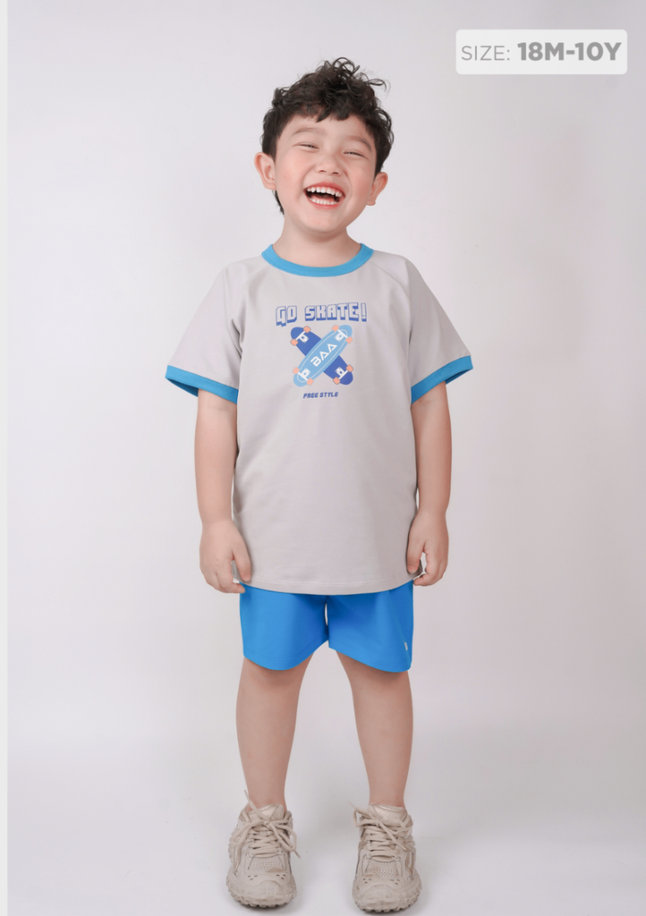 Đồ Bộ Ngắn Tay Bé Trai Xám Go Skate Phối Xanh