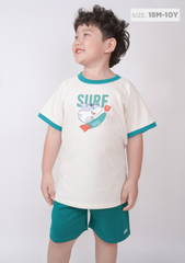 Đồ Bộ Ngắn Tay Bé Trai Kem Cá Mập Surfing Phối Xanh