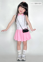 Set Polo Cộc Tay & Chân Váy Xếp Ly Bé Gái Trắng Phối Hồng