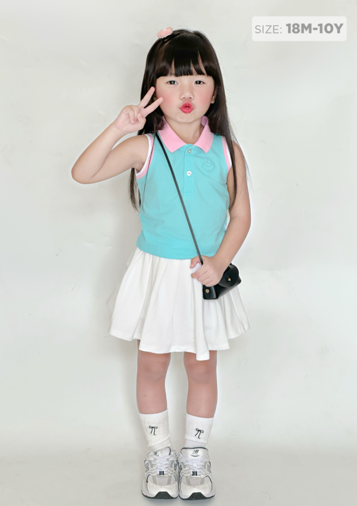 Set Polo Cộc Tay & Chân Váy Xếp Ly Bé Gái Xanh Phối Trắng