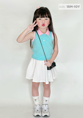 Set Polo Cộc Tay & Chân Váy Xếp Ly Bé Gái Xanh Phối Trắng