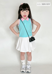 Set Polo Cộc Tay & Chân Váy Xếp Ly Bé Gái Xanh Phối Trắng