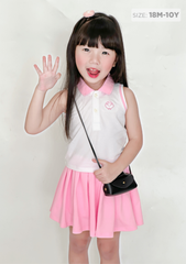 Set Polo Cộc Tay & Chân Váy Xếp Ly Bé Gái Trắng Phối Hồng