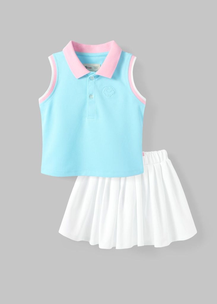 Set Polo Cộc Tay & Chân Váy Xếp Ly Bé Gái Xanh Phối Trắng