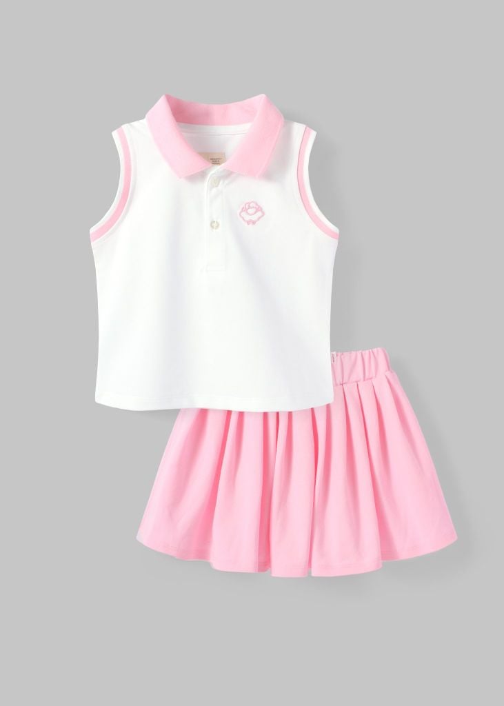 Set Polo Cộc Tay & Chân Váy Xếp Ly Bé Gái Trắng Phối Hồng