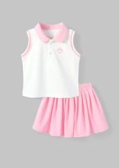 Set Polo Cộc Tay & Chân Váy Xếp Ly Bé Gái Trắng Phối Hồng