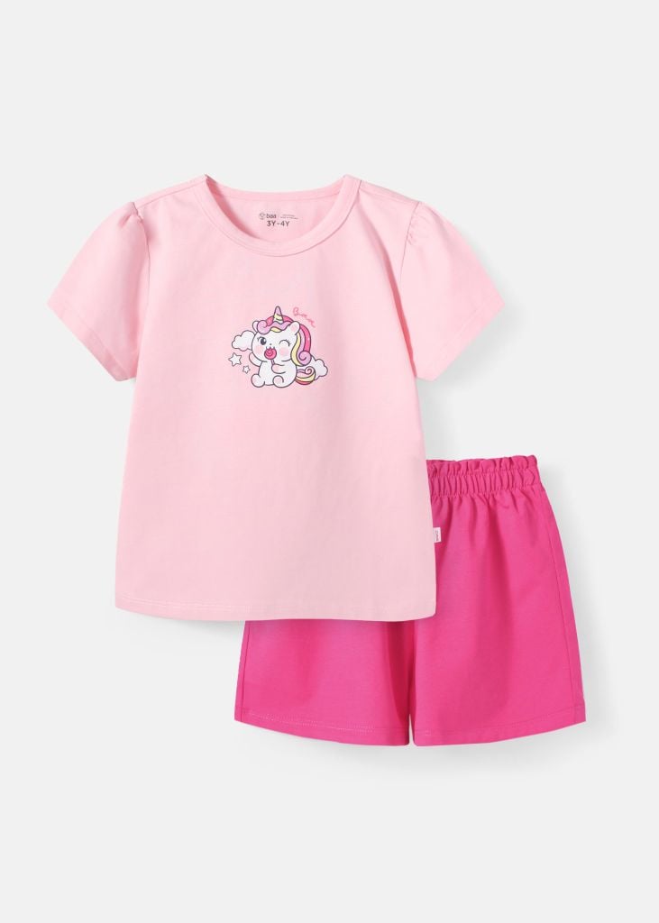 Đồ Bộ Ngắn Tay Bé Gái Hồng Nhạt Unicorn