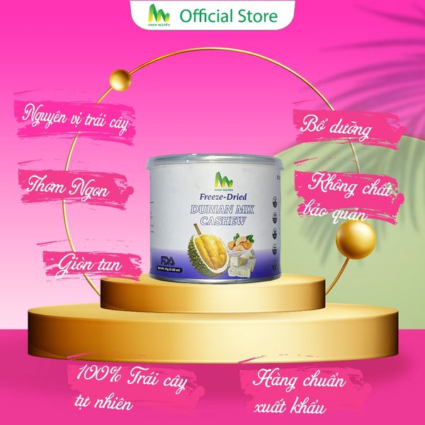  Sầu riêng mix hạt điều sấy thăng hoa dạng lon 50g, độc quyền thương hiệu HANA NGUYÊN 
