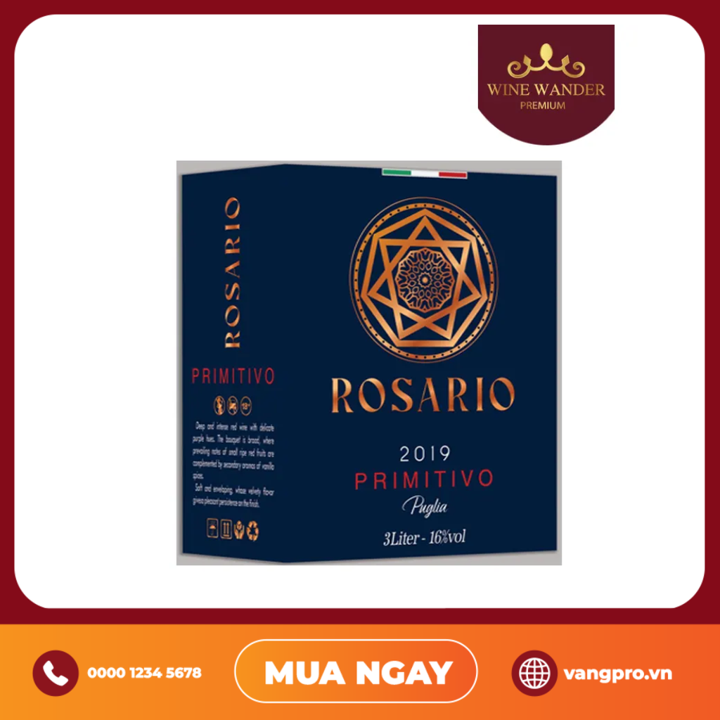 VANG ĐỎ Ý ROSARIO PRIMITIVO BỊCH 3 LÍT
