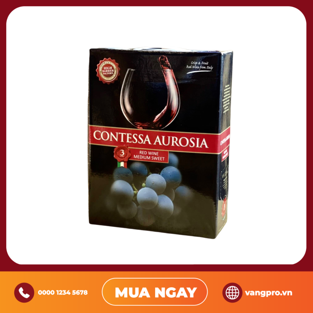 VANG NGỌT Ý CONTESSA AUROSIA MEDIUM SWEET BỊCH 3L