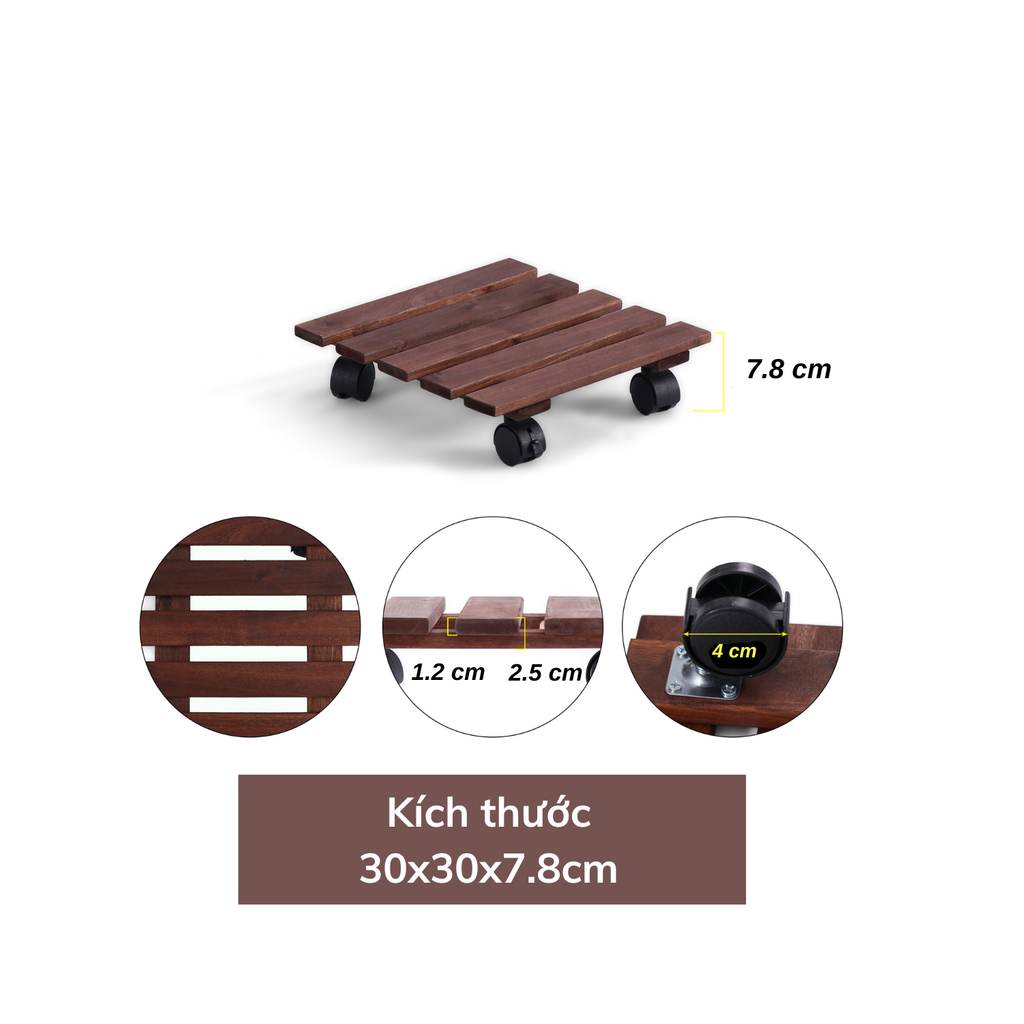 Combo 2 Đế Chậu Cây Vuông Có Bánh Xe – Square Wooden Plant Caddy