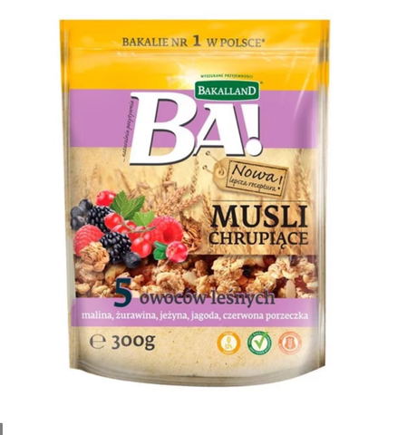 Ngũ cốc dâu rừng, mâm xôi, nho, anh đào, việt quất và mật ong BAKALLAND 300g