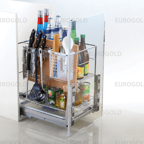 Kệ dao thớt inox nan vuông mạ crom, ray giảm chấn Eurogold ERO2025B