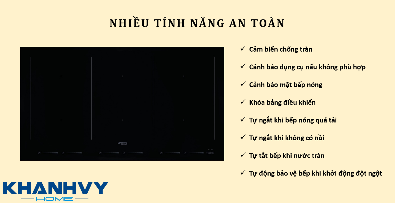 Bếp từ SMEG 90cm cảm ứng DOLCE STIL NOVO đa vùng nấu 535.64.169 được trang bị nhiều tính năng an toàn cho quá trình nấu nướng của gia đình bạn