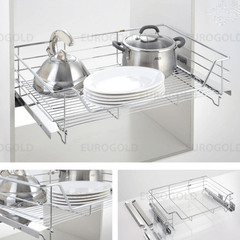 Kệ xoong nồi inox nan âm tủ - gắn cánh, ray giảm chấn Eurogold EG6160