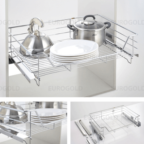 Kệ xoong nồi inox nan âm tủ - gắn cánh, ray giảm chấn Eurogold EG6180