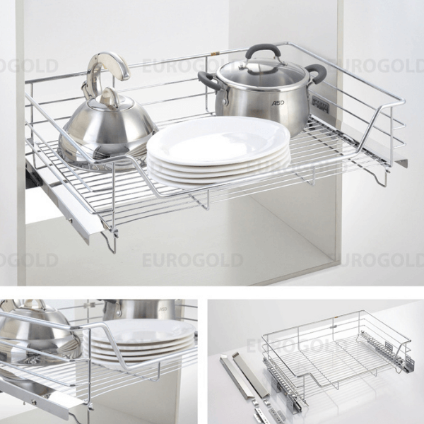 Kệ xoong nồi inox nan âm tủ - gắn cánh, ray giảm chấn Eurogold EG6190