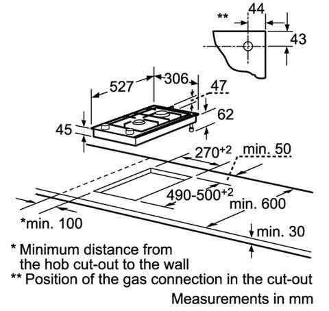 Kích thước lắp đặt bếp Domino Gas Bosch 2 bếp PRB326B70E