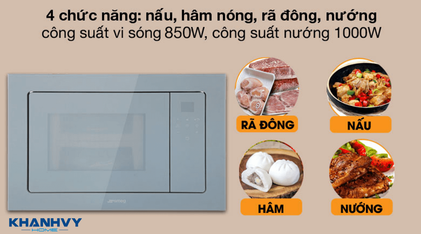 Lò vi sóng kết hợp nướng SMEG FMI120S2 536.34.192 được trang bị 3 chương trình nấu tự động và 4 chức năng chính: nấu, hâm nóng, rã đông, nướng