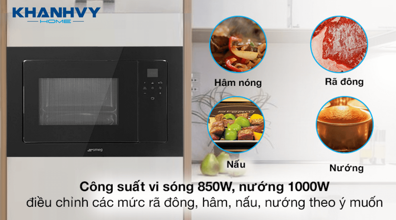 Lò vi sóng kết hợp nướng SMEG FMI120N2 536.64.961 được trang bị 3 chương trình nấu tự động và 4 chức năng chính: nấu, hâm nóng, rã đông, nướng
