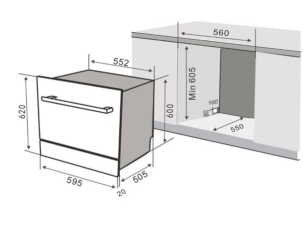  Hình kỹ thuật thông số chi tiết của máy rửa chén âm toàn phần KAFF KF-BISMS8