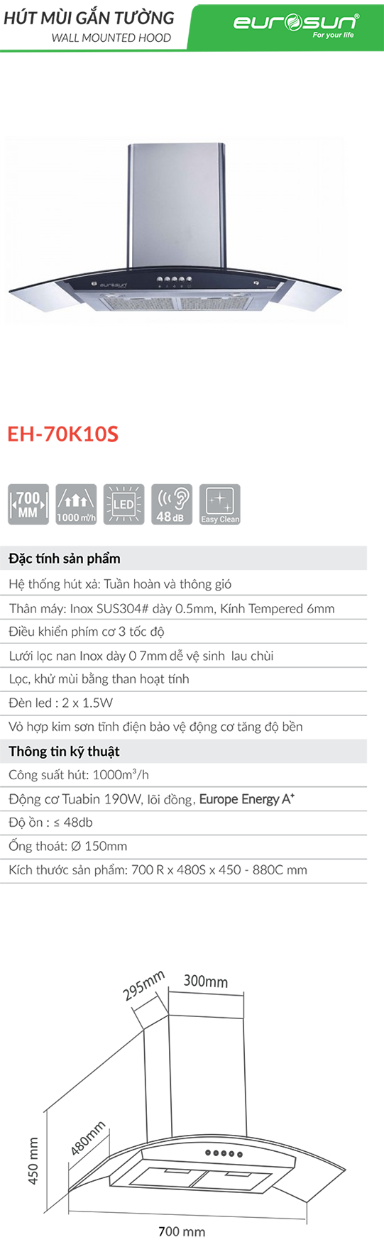 Thông số kích thước máy hút mùi Eurosun EH-70K10S