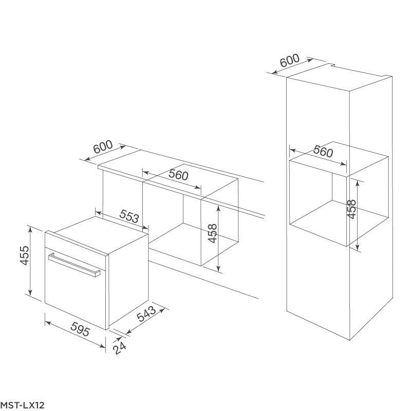 Kích thước lắp đặt lò hấp kết hợp nướng MST-LX12