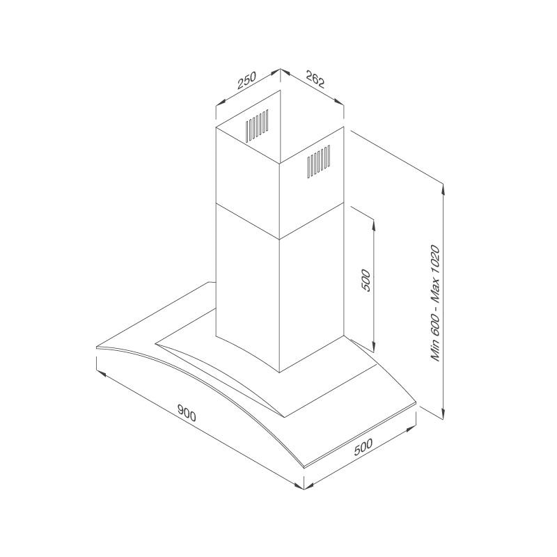 Kích thước lắp đặt máy hút khói khử mùi áp tường Gama K3155.9