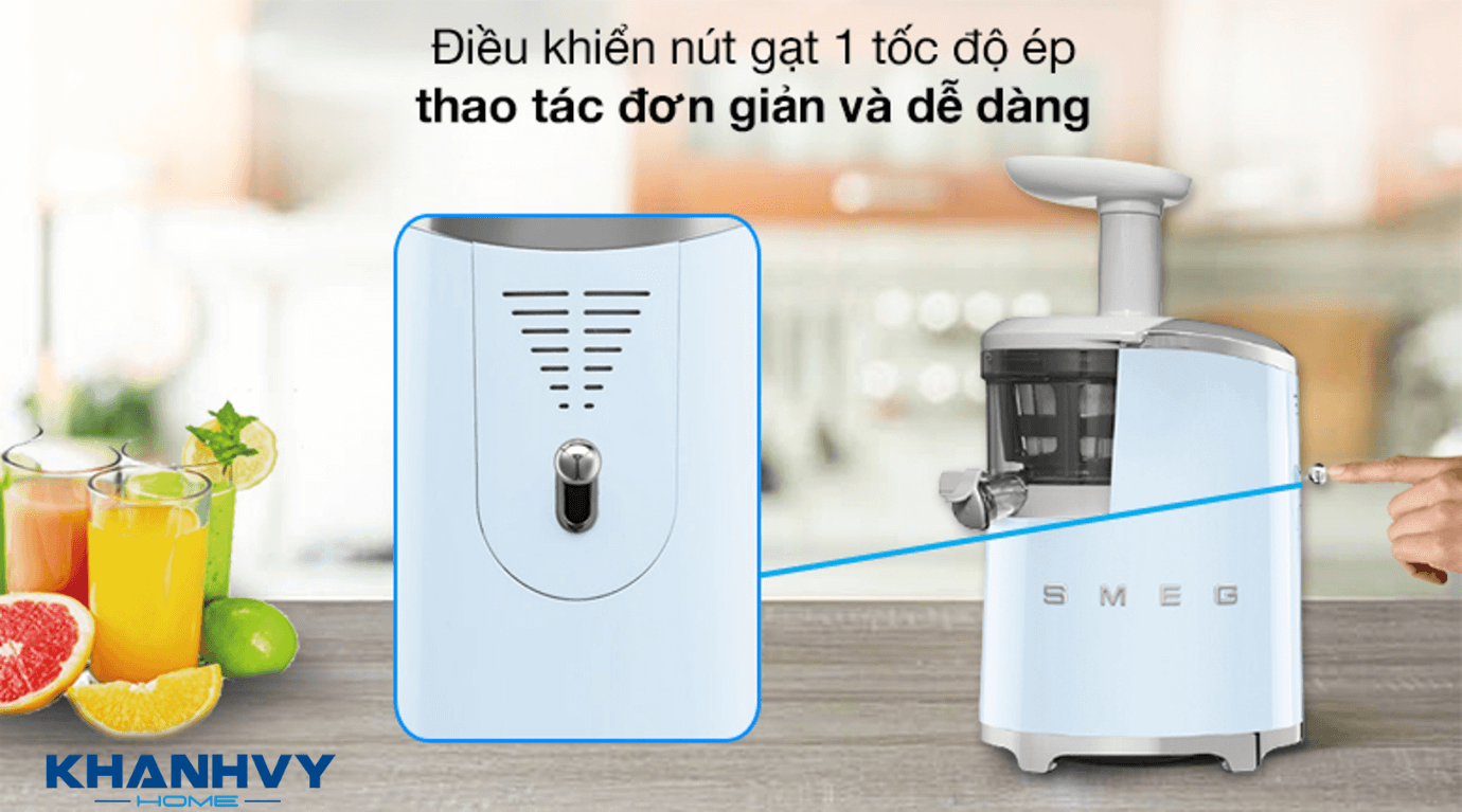 Máy ép chậm SMEG SJF01PBEU 535.43.628 sử dụng công nghệ ép chậm độc quyền thế hệ thứ hai với tốc độ quay mạnh mẽ 43 vòng/phút