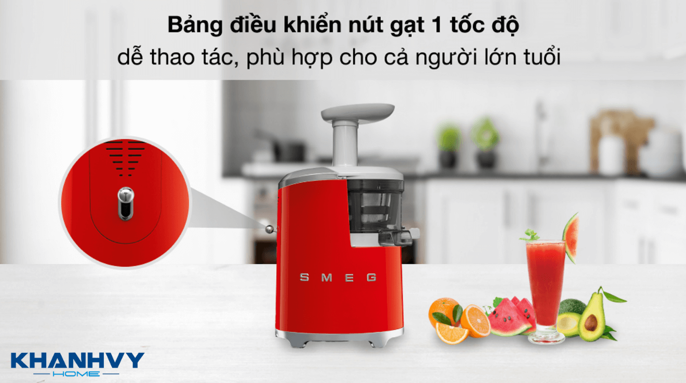Máy ép chậm SMEG SJF01RDEU 535.43.629 sử dụng công nghệ ép chậm độc quyền thế hệ thứ hai với tốc độ quay mạnh mẽ 43 vòng/phút