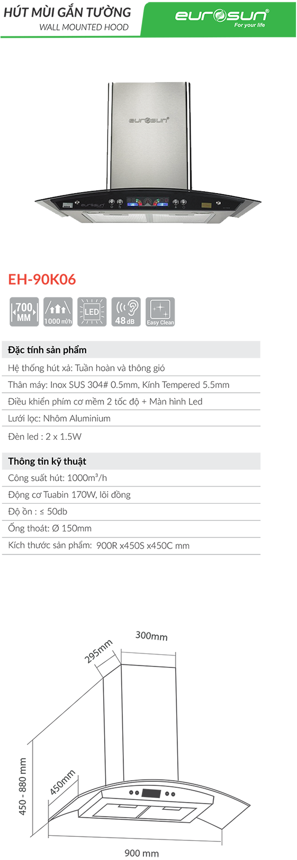 Thông số kích thước máy hút mùi Eurosun EH-90K06