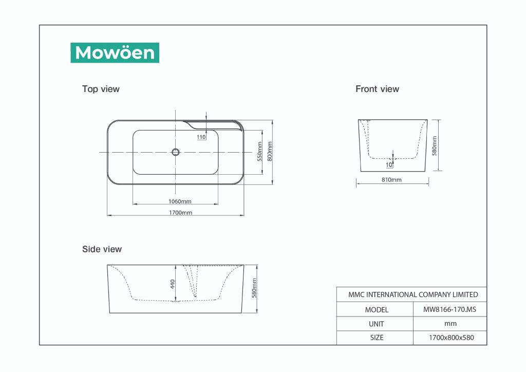 Bồn tắm Mowoen MW8166F-170.MS đặt sàn massage 1.7m