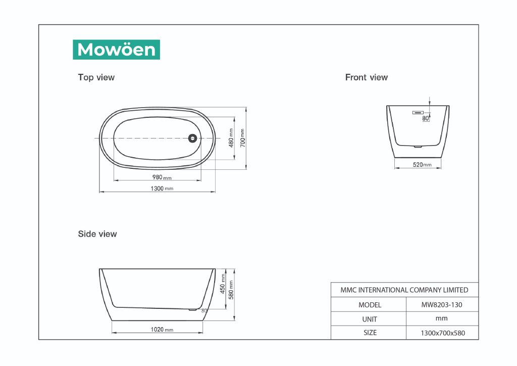 Bồn Tắm Acrylic Độc Lập Mowoen MW8203-130