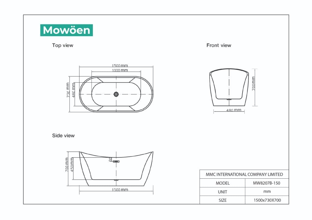 Bồn Tắm Acrylic Độc Lập Mowoen MW8207B-150