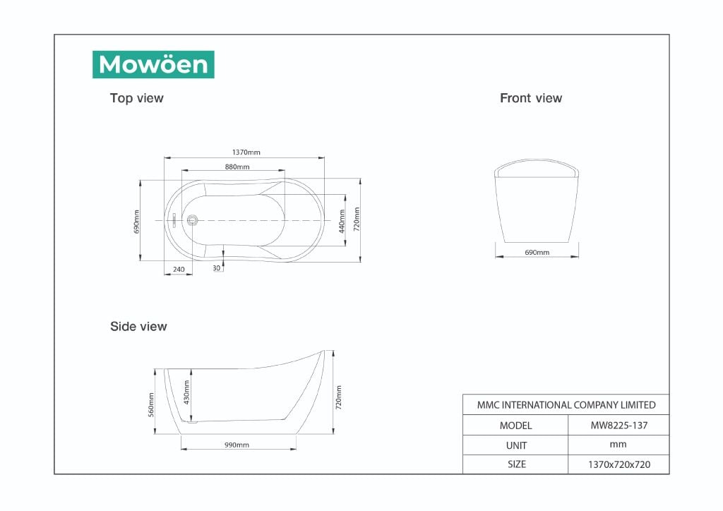 Bồn Tắm Acrylic Độc Lập Mowoen MW8225-137