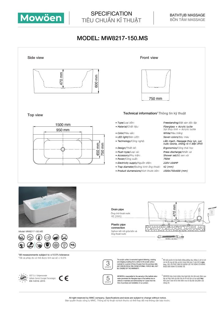 Bồn tắm Mowoen MW8217 – 150.MS