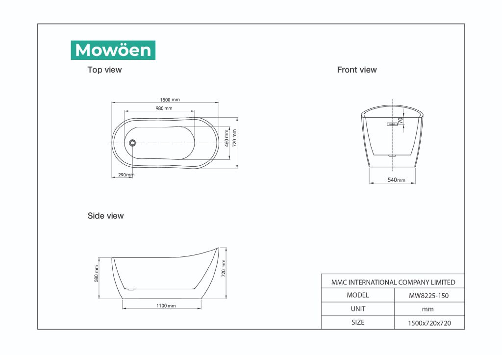 Bồn Tắm Acrylic Độc Lập Mowoen MW8225-150