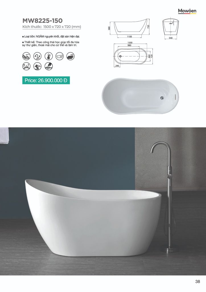 Bồn Tắm Acrylic Độc Lập Mowoen MW8225-150