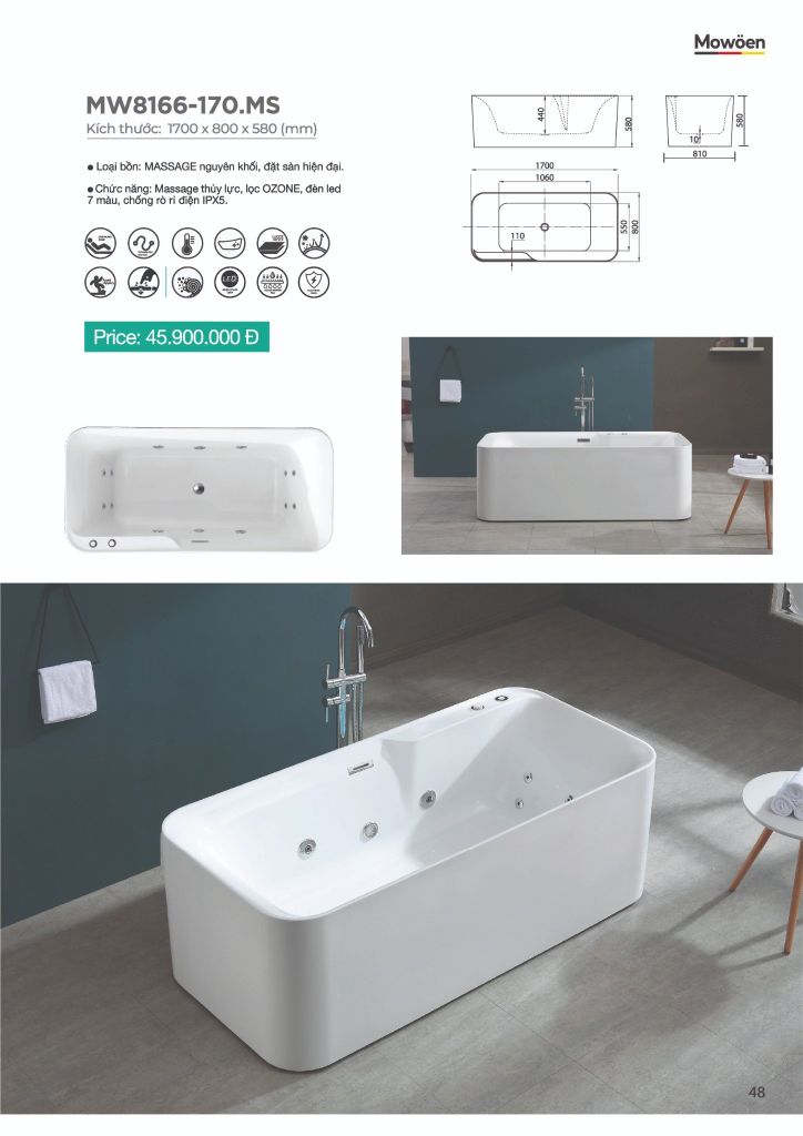 Bồn tắm Mowoen MW8166F-170.MS đặt sàn massage 1.7m